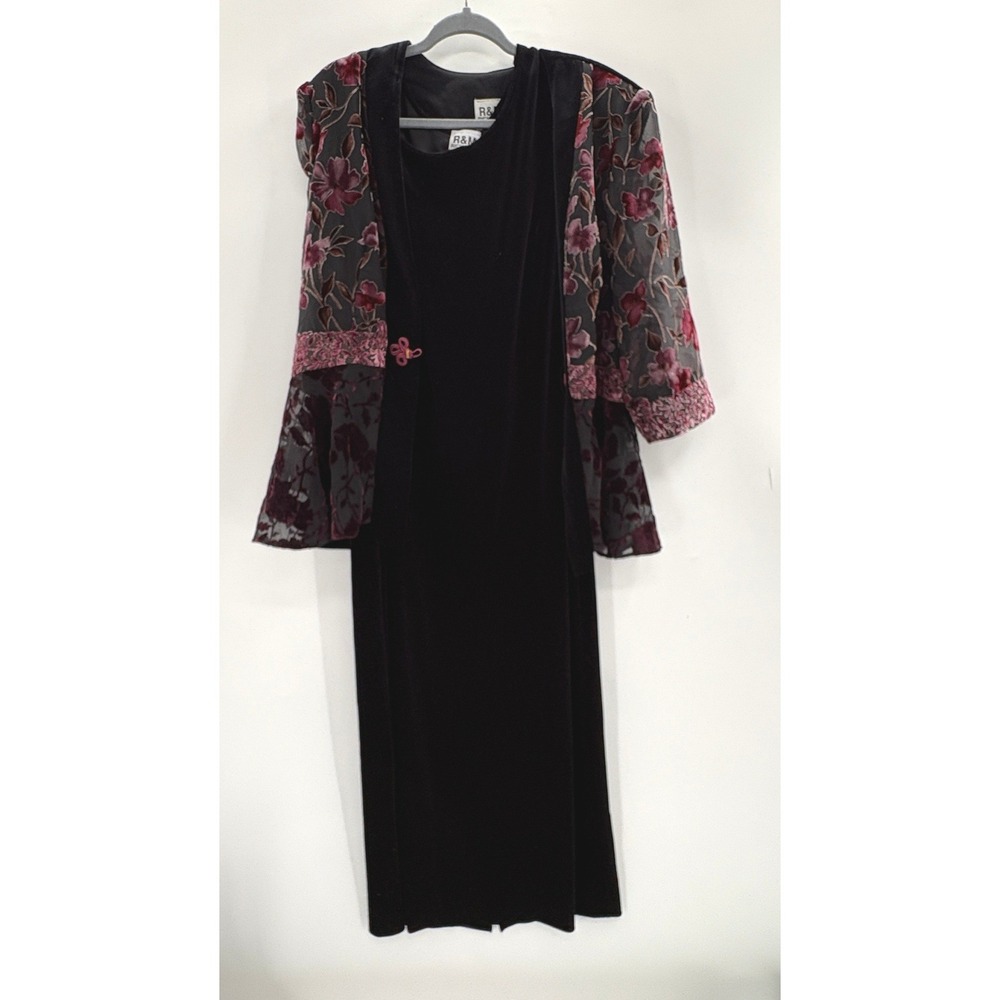 R&M Richards Black Velvet Maxi Dress & Floral Burnout Jacket Set 2PC Formal - Picture 2 of 16